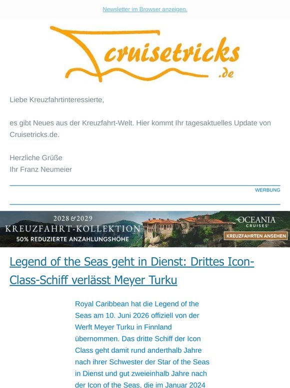 News, u.a.: "Legend of the Seas geht in Dienst: Drittes Icon-Class-Schiff verlässt Meyer Turku" - von cruisetricks.de