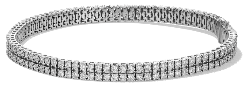 White gold diamond tennis bracelet with two rows of round diamonds.