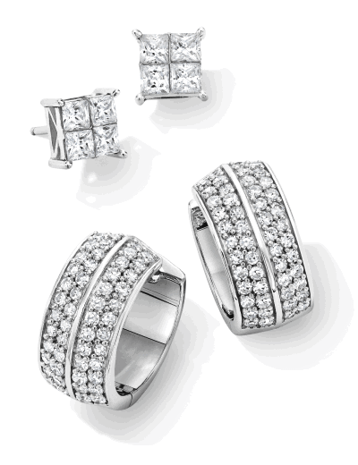 White gold diamond stud and hoop earrings featuring princess-cut and pavé-set round diamonds.