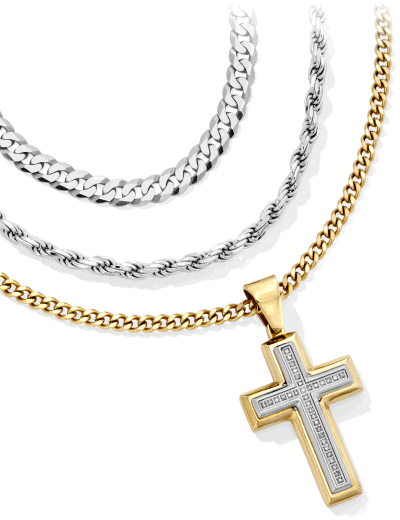 Assorted chains in white and yellow gold tones featuring Cuban, rope and cross pendant styles.