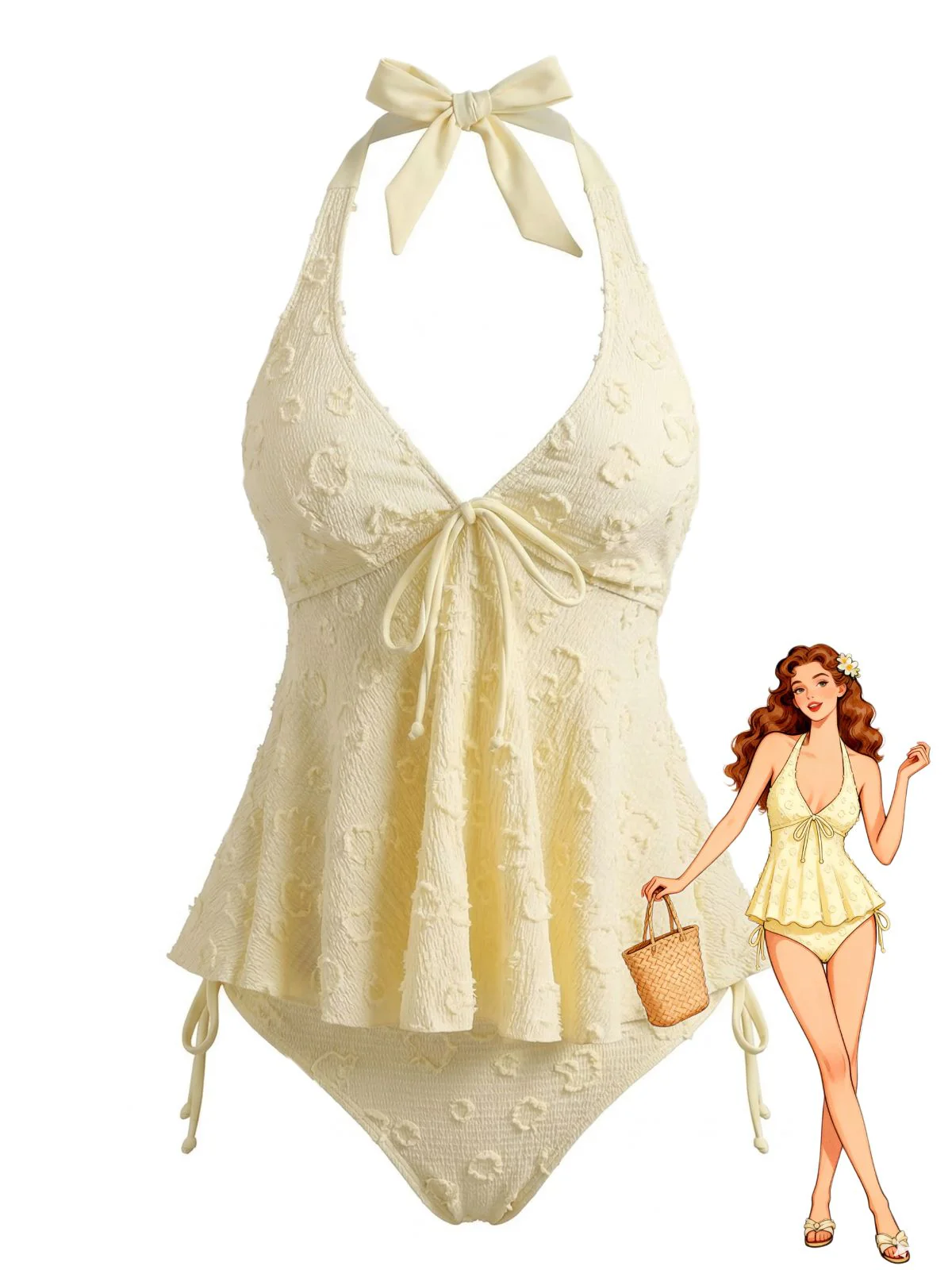 1950s Textured Floral Halter Deep V Tankini Set