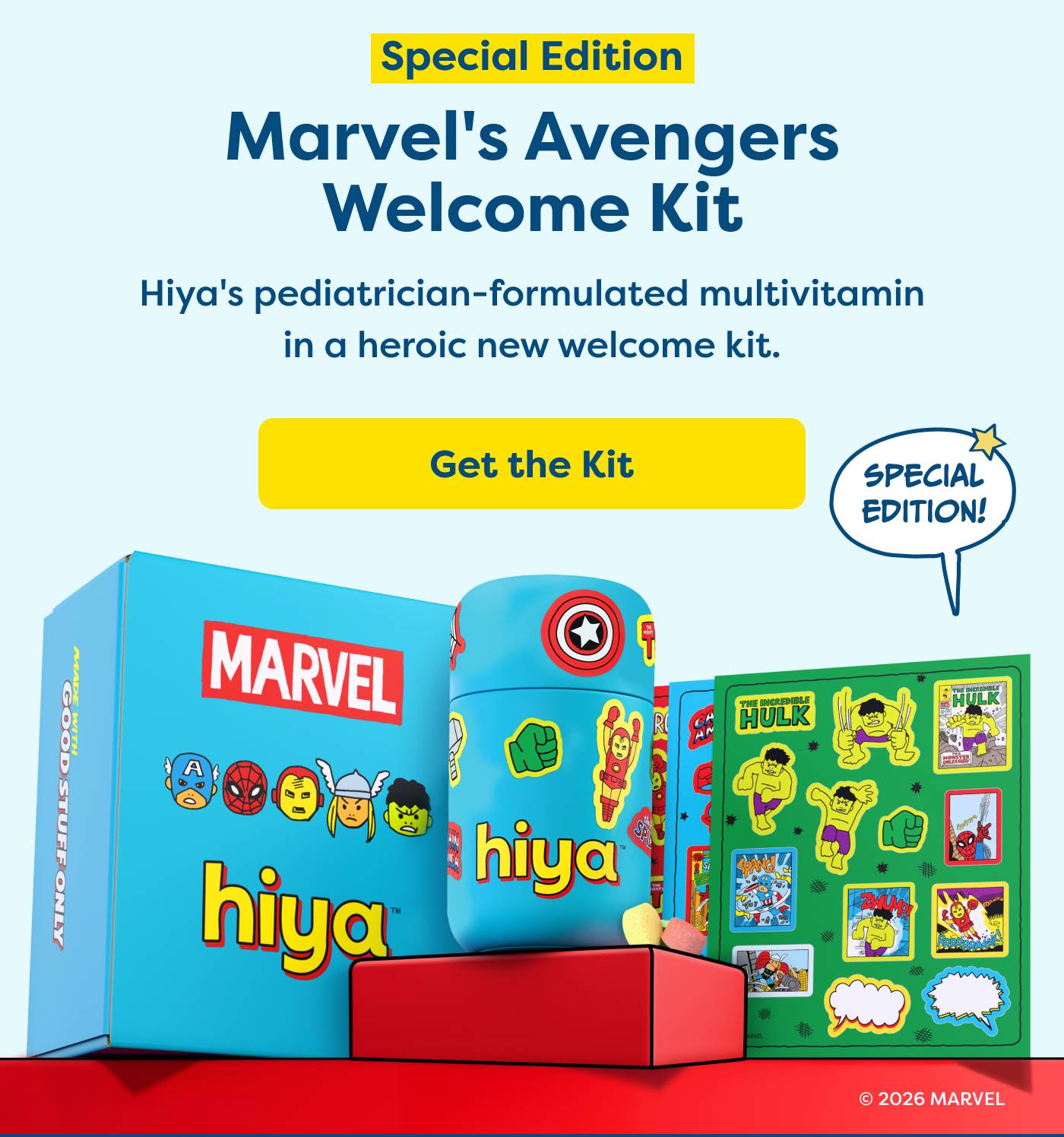 Hiya's pediatrician-formulated multivitamin in a heroic new welcome kit.