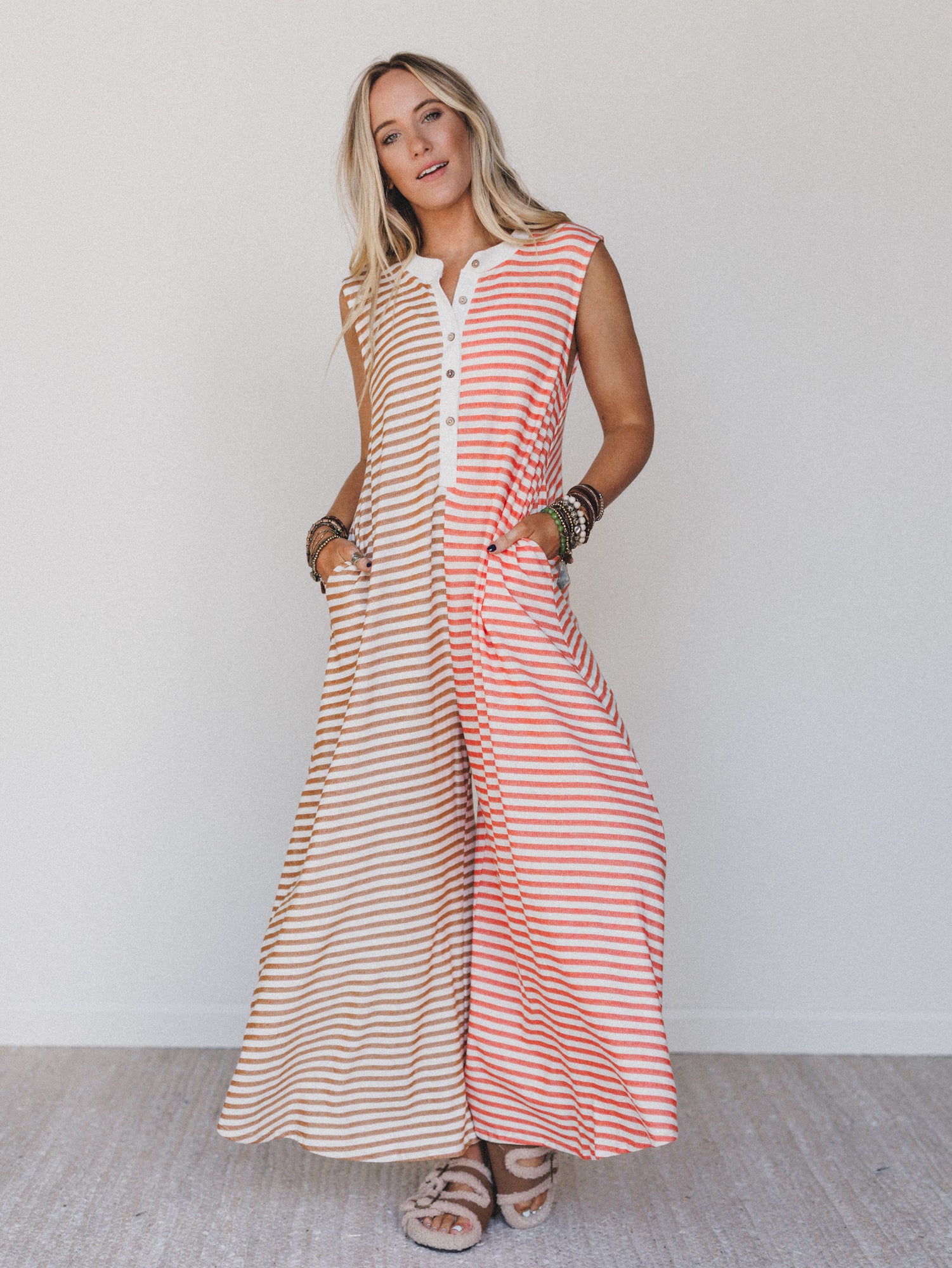 Image of Daphne Striped Wide Leg Jumpsuit - Coral Multi