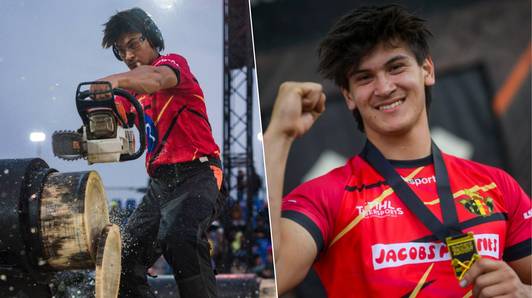 “Op mijn vijfde had ik voor het eerst een bijl in mijn handen”: en nu pakt Kamiel (19) WK-brons in houthaksport