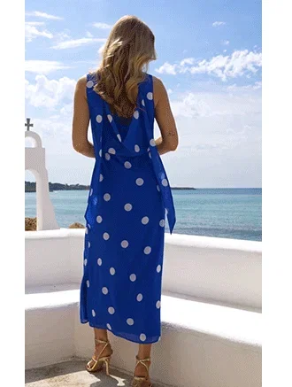 Blue Spot Print Cowl Back Dress With Neck Scarf
