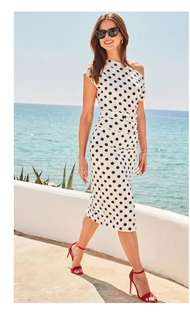 Black & White Polka Dot Print Off The Shoulder Dress
