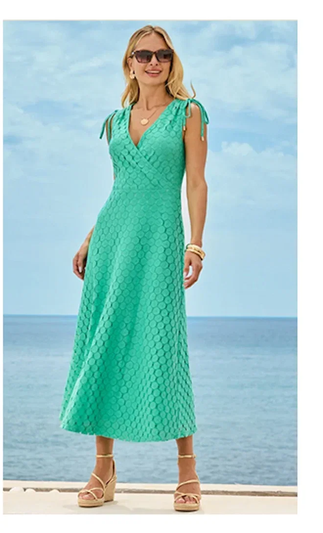 Green Crochet Tie Shoulder Midaxi Dress