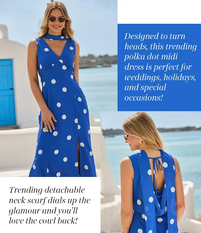 Blue Spot Print Cowl Back Dress With Neck Scarf