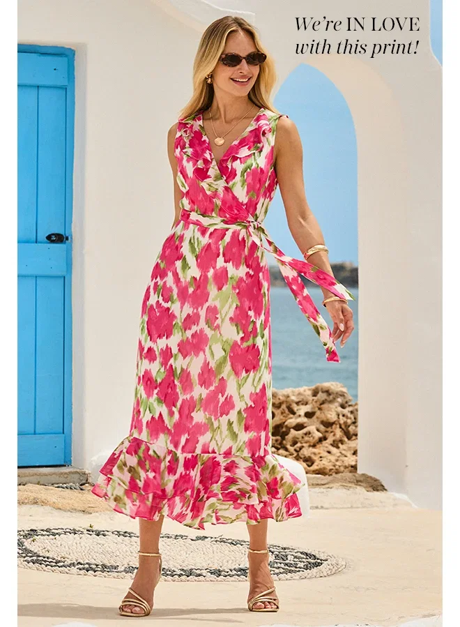 Pink Floral Print Ruffle Hem Wrap Dress