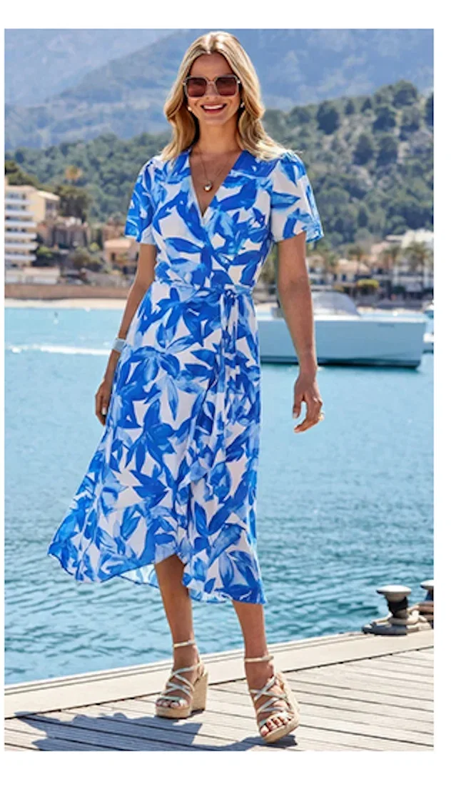 Blue & White Floral Print Ruffle Hem Wrap Dress