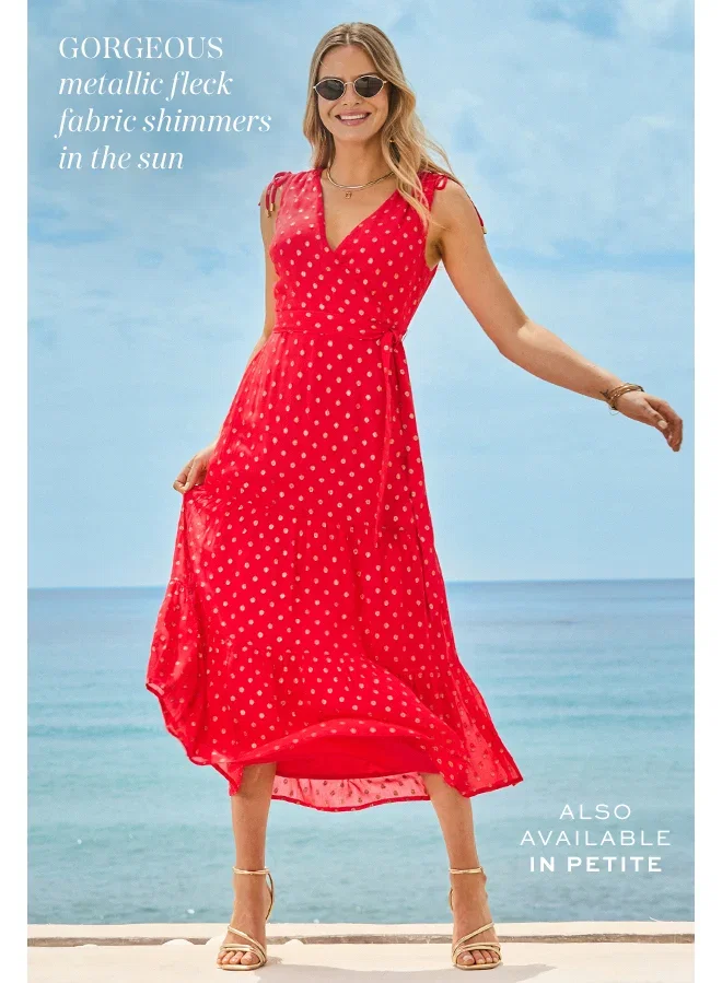 Coral & Gold Metallic Fleck Print Wrap Dress