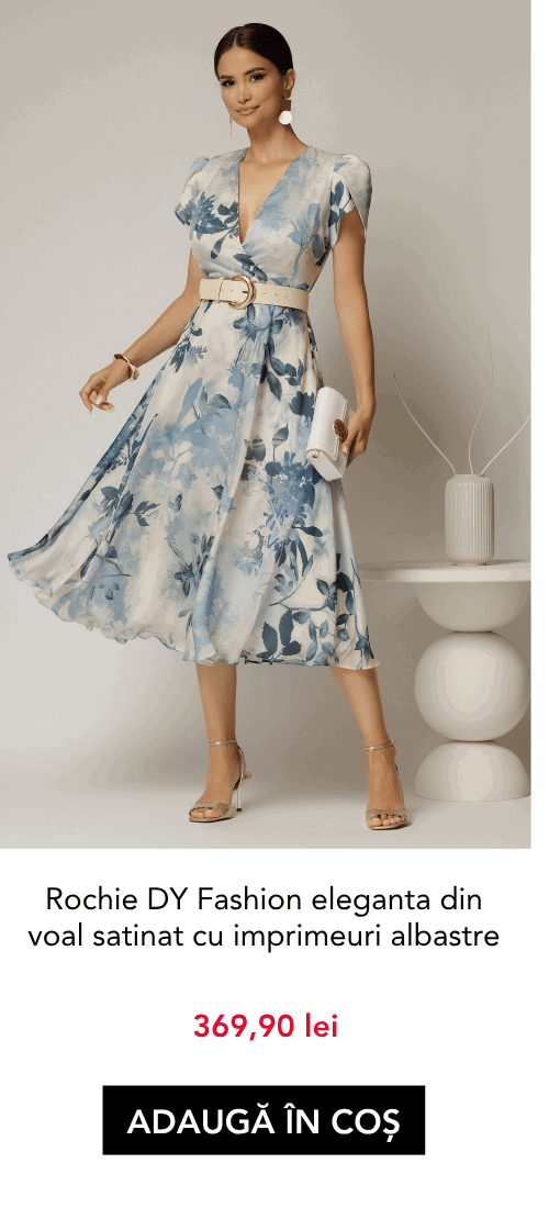Rochie DY Fashion eleganta din voal satinat cu imprimeuri albastre