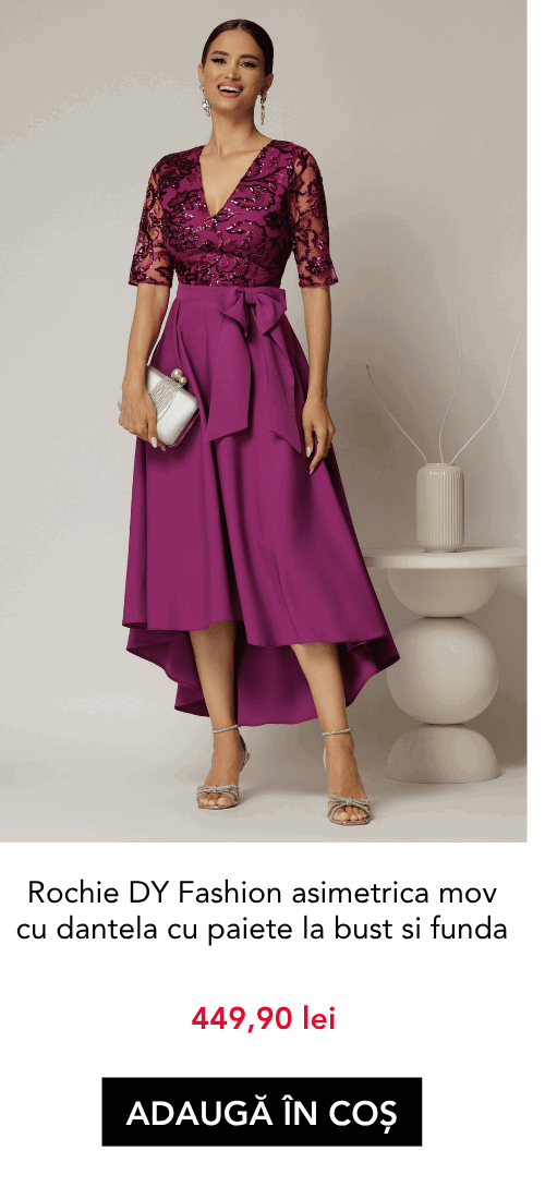 Rochie DY Fashion asimetrica mov cu dantela cu paiete la bust si funda ampla