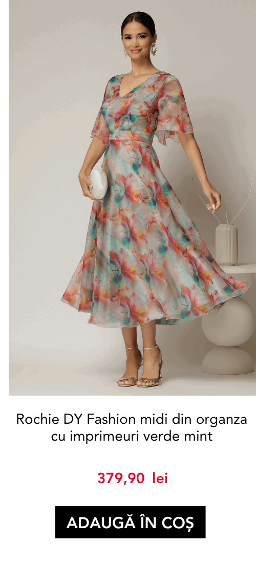 Rochie DY Fashion midi din organza cu imprimeuri verde mint