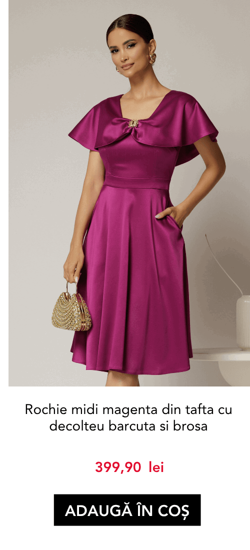Rochie midi magenta din tafta cu decolteu barcuta si brosa