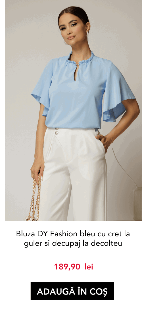 Bluza DY Fashion bleu cu cret la guler si decupaj la decolteu