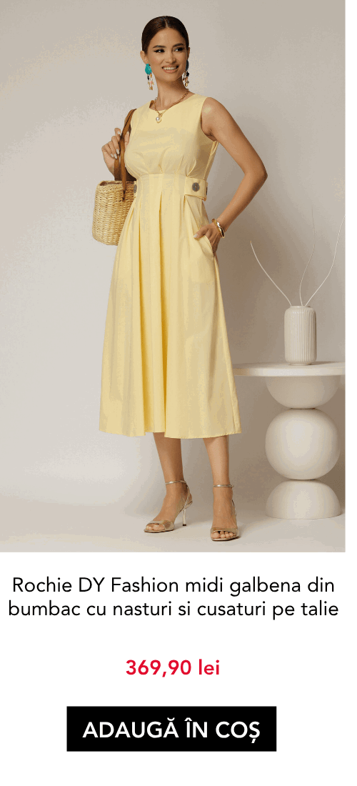 Rochie DY Fashion midi galbena din bumbac cu nasturi si cusaturi pe talie