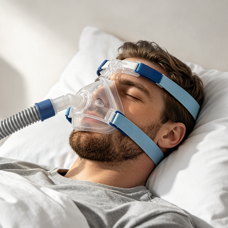 Person sleeping with a CPAP mask, showing the need to review overnight oxygen changes.