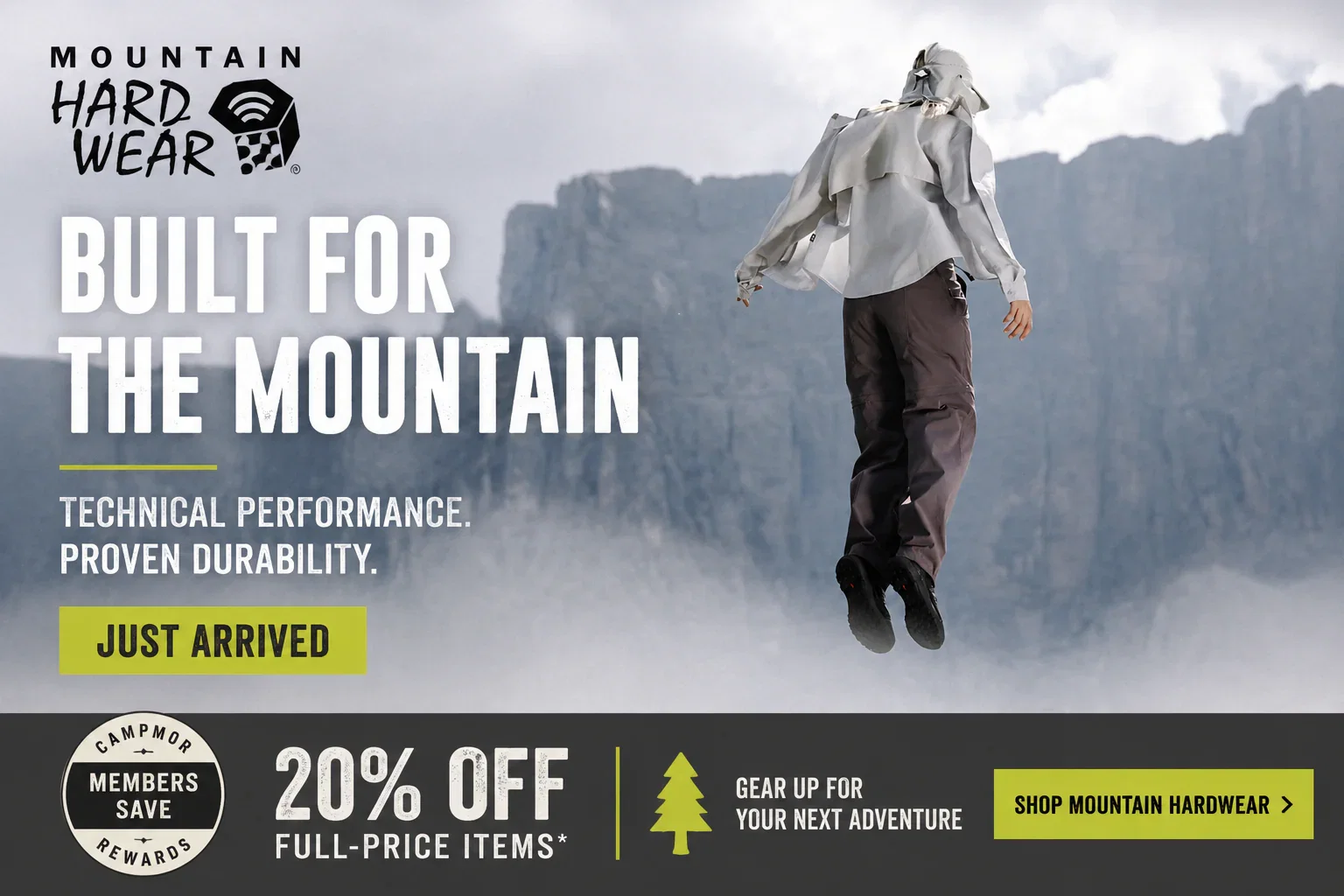 Mountain hiker wearing technical Mountain Hardwear apparel in alpine terrain