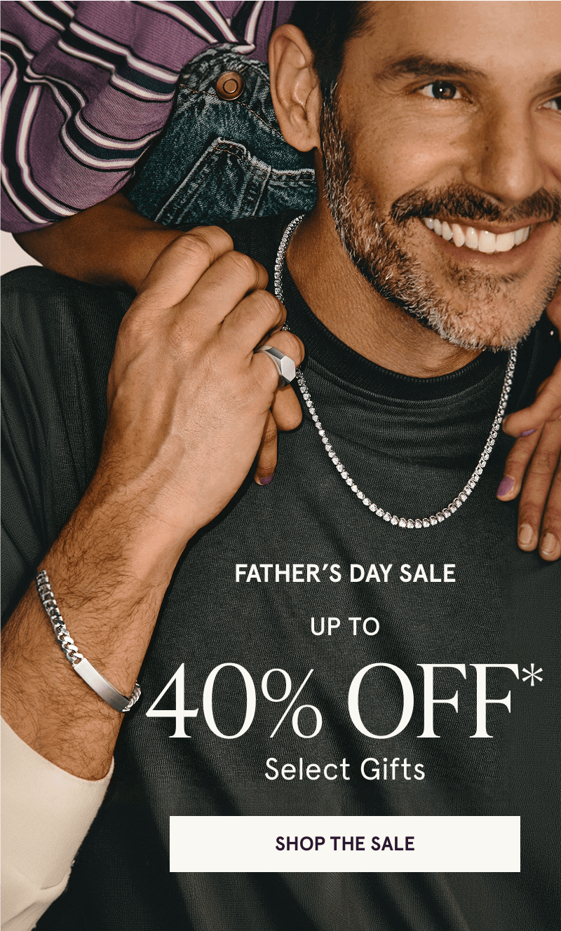 Male with tennis chain, geometric ring & ID tag bracelet. Father’s Day Sale. Up to 40% OFF Select Gifts. Click here to shop now