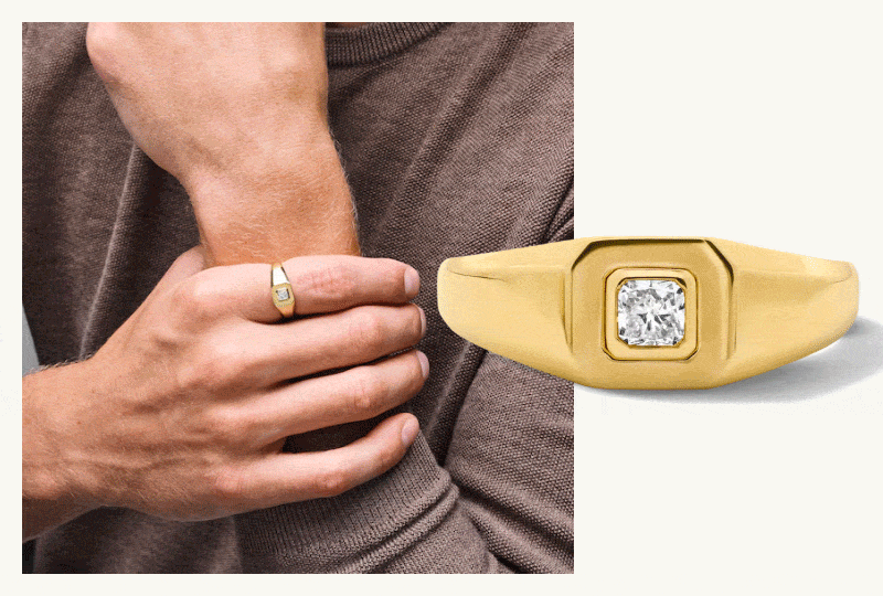 Rotating signet rings on model & close-up: gold with diamond, brushed silver hexagonal & matte black square rings.