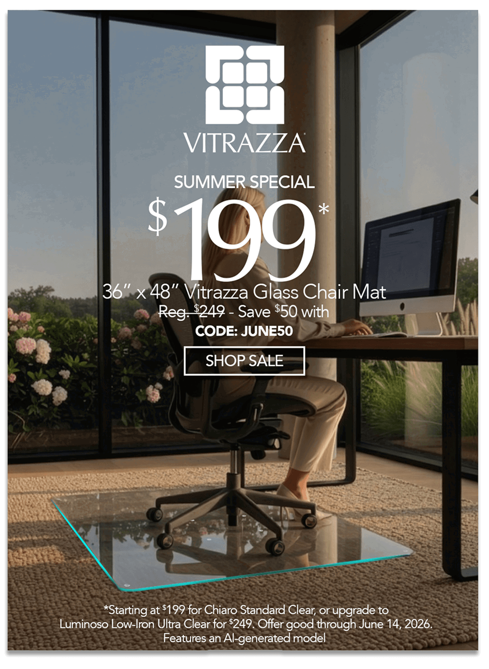 Summer Special $199 36" x 48" Vitrazza Glass Chair Mat  Save $50 with Code: JUNE50