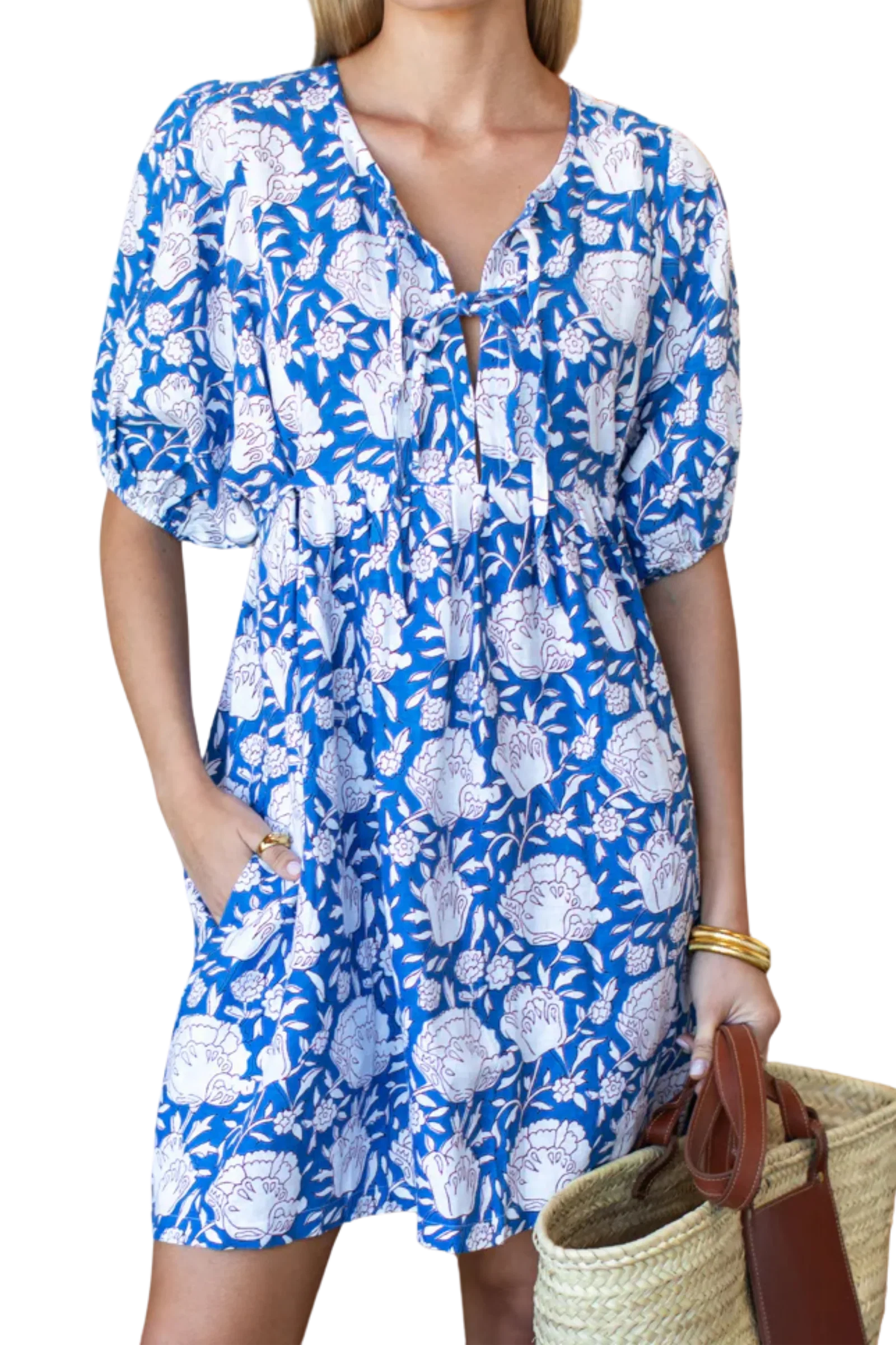 Image of Love Tomas Bastian Short Dress, Mixed Flora Blue Linen