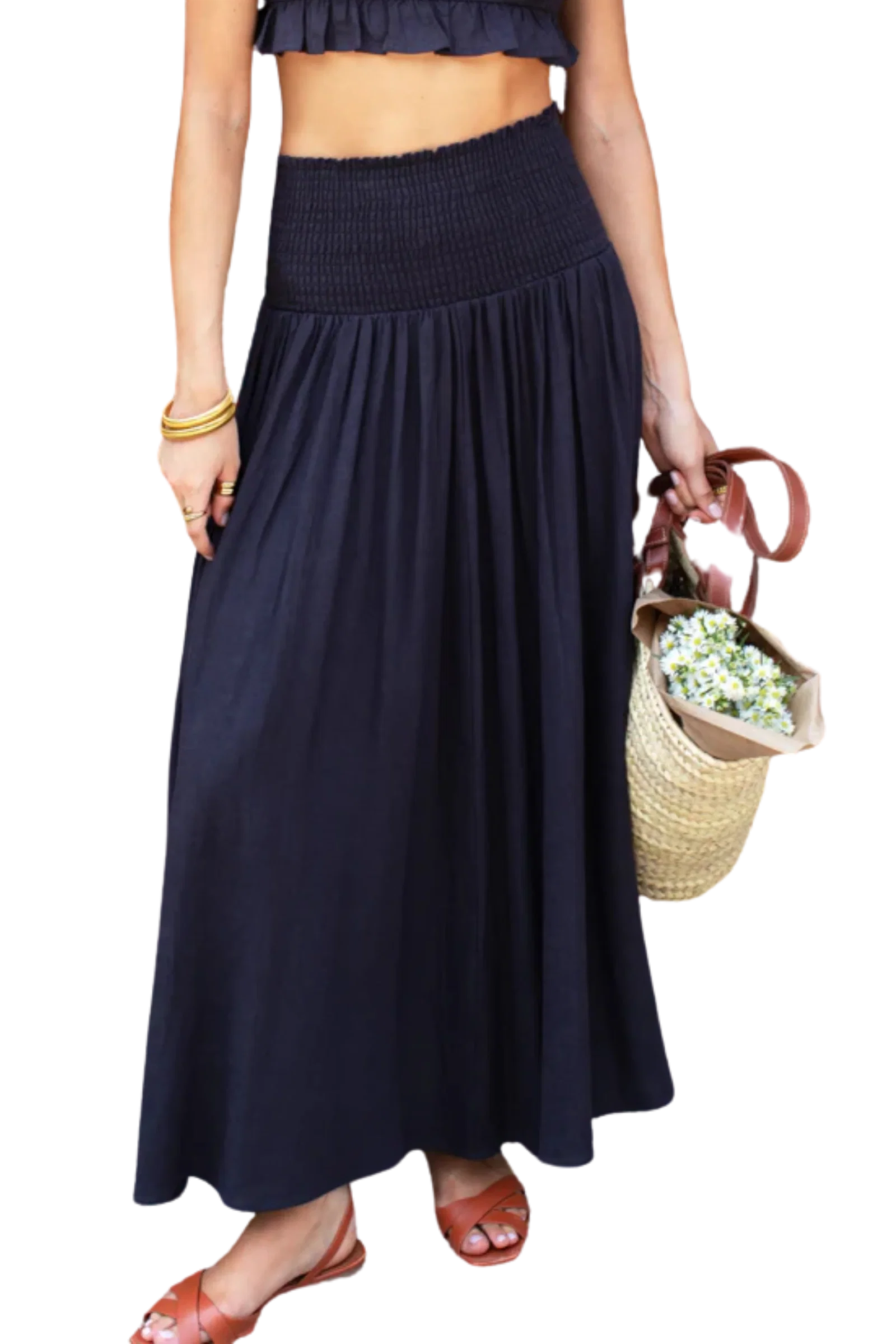 Image of Love Tomas Smocked Maxi Skirt, Midnight Linen