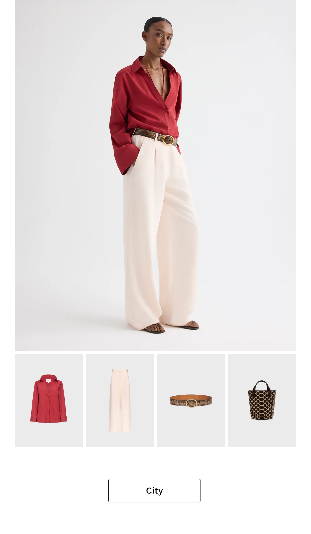 Image of a model in a red top and blush pants with ghost images beneath.