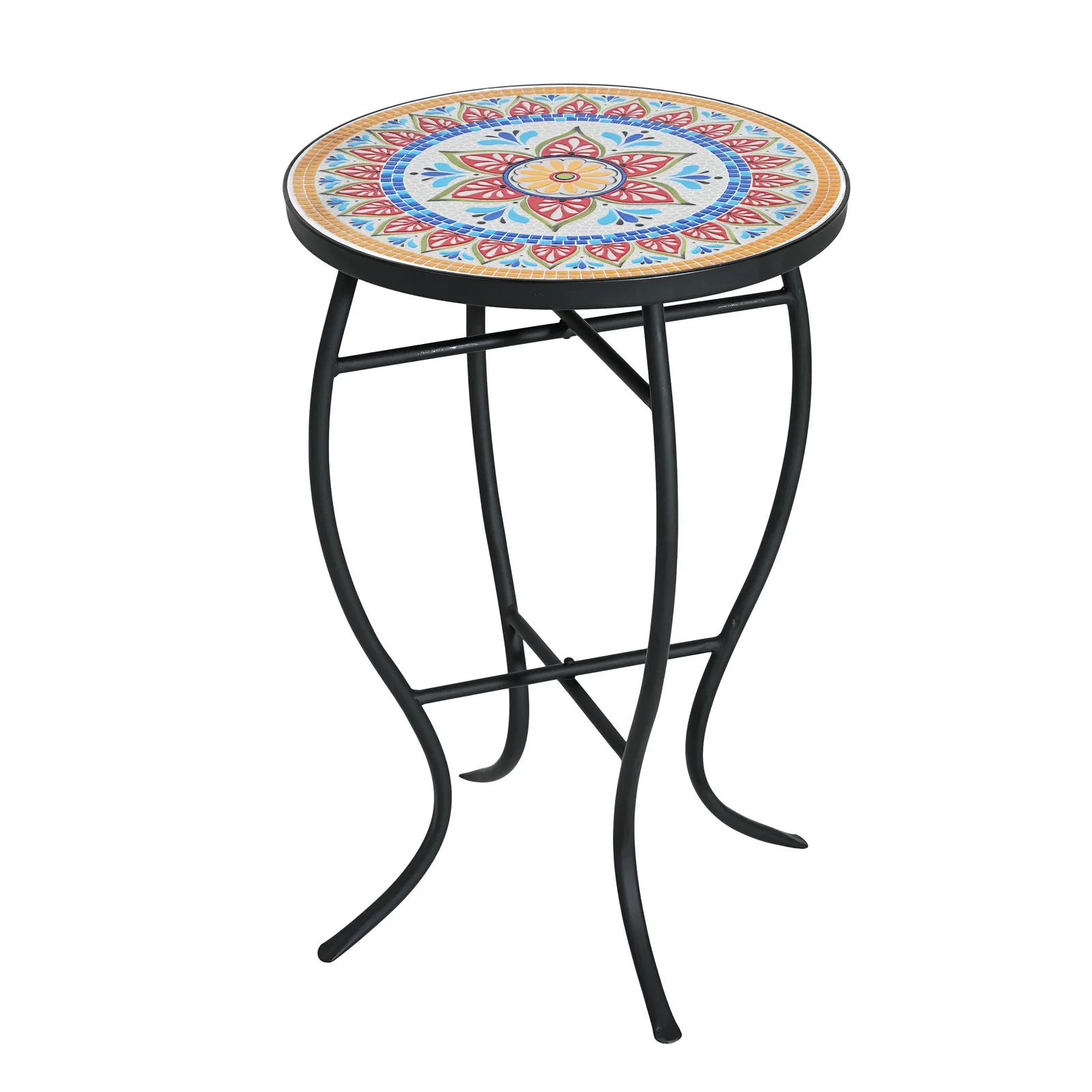 Image of Outdoor Round Side Table with Mosaic-Style Top and Curved Iron Legs - Multi-color