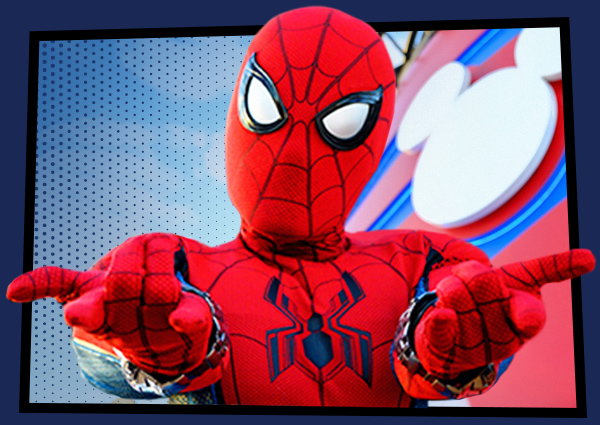 Spider-Man appears to pop out of a comic book frame in his signature web-slinging pose in front of the Disney Cruise Line funnel.