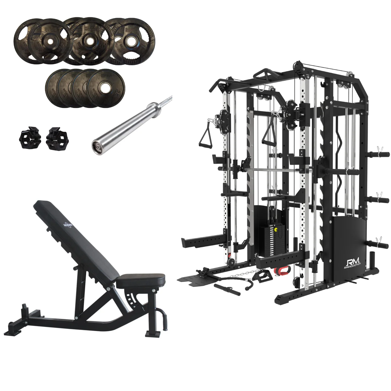 Rapid Motion FT1008 Commercial Smith Machine Power Rack and Functional Trainer 3 in 1 Package