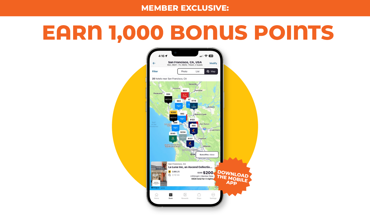 Member Exclusive: Earn 1,000 bonus points. An image of a cell phone with a map on it.