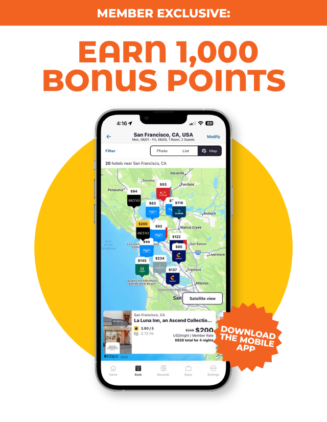 Member Exclusive: Earn 1,000 bonus points. An image of a cell phone with a map on it.