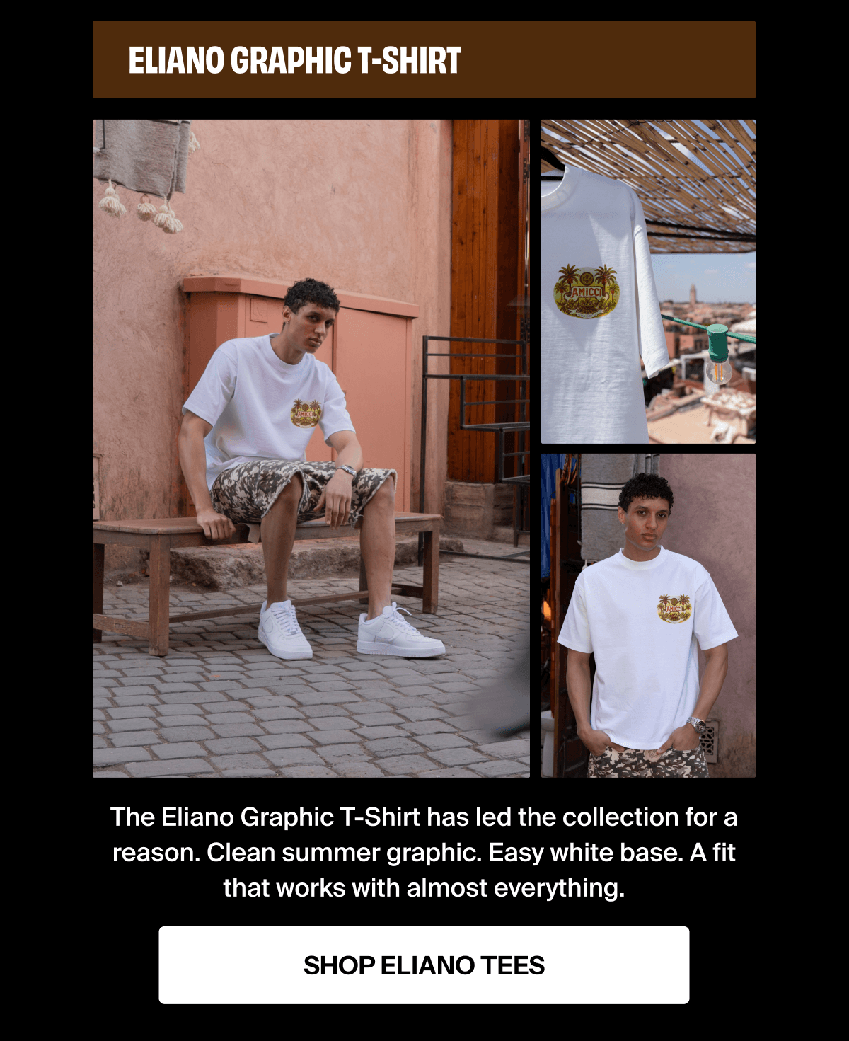 The Eliano Graphic T-Shirt has led the collection for a reason. Clean summer graphic. Easy white base. A fit that works with almost everything.