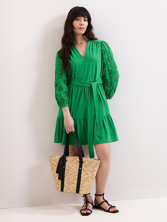 Florie Green Tie Waist Swing Dress