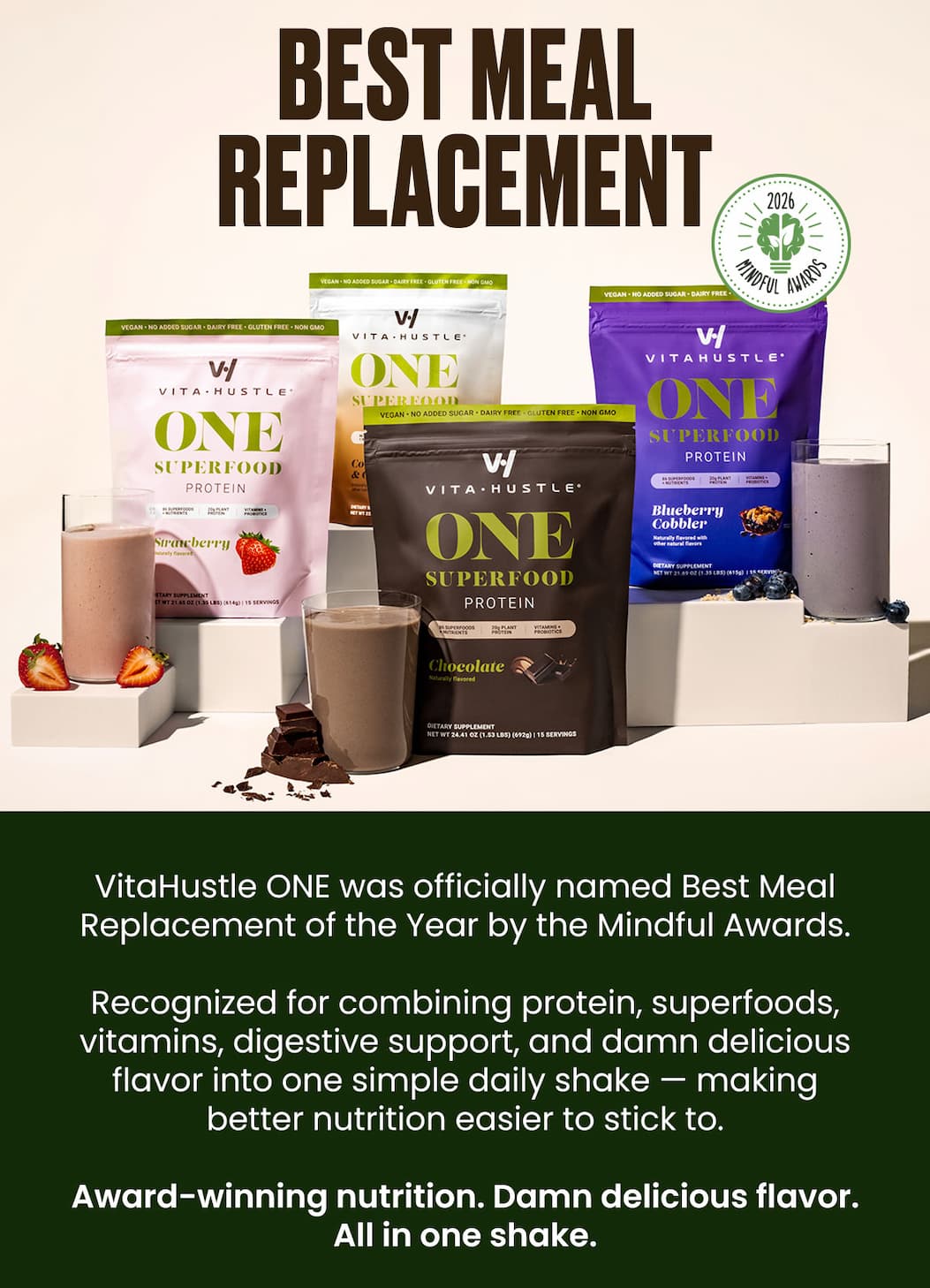 MEAL REPLACEMENT OF THE YEAR    VitaHustle ONE was officially named 2026 Meal Replacement of the Year by the Mindful Awards. 🎉    To celebrate, enjoy 15% off sitewide today only with code: MINDFUL15    Award-winning nutrition. Damn delicious flavor. All in one shake.