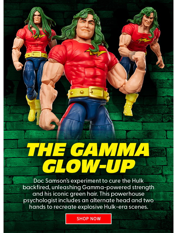 The Gamma Glow-Up Doc Samson’s experiment to cure the Hulk backfired, unleashing Gamma-powered strength and his iconic green hair. This powerhouse psychologist includes an alternate head and two hands to recreate explosive Hulk-era scenes. shop now 