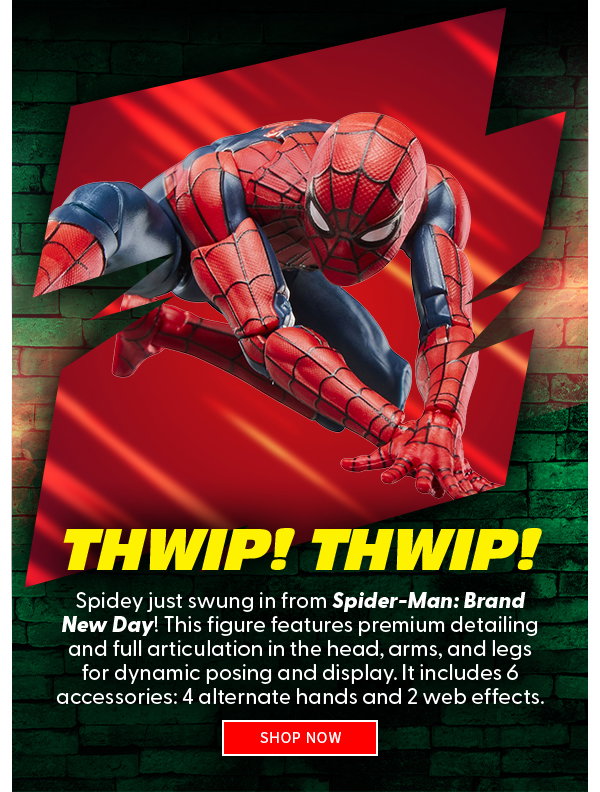 THWIP! THWIP! Spidey just swung in from Spider-Man: Brand New Day! This figure features premium detailing and full articulation in the head, arms, and legs for dynamic posing and display. It includes 6 accessories: 4 alternate hands and 2 web effects. shop now 