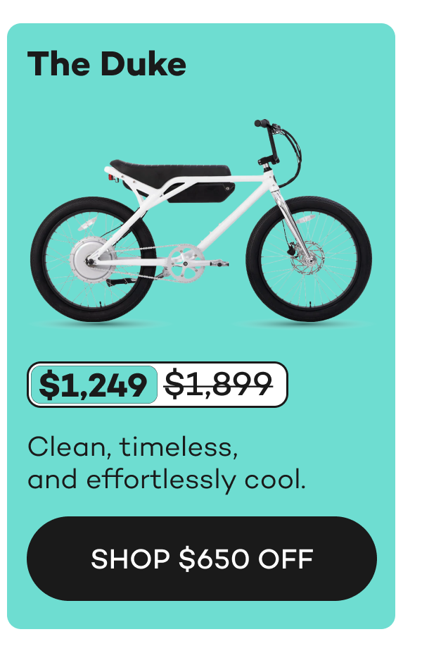 The Duke bike in white with black tires, priced at $1,249, originally $1,899.