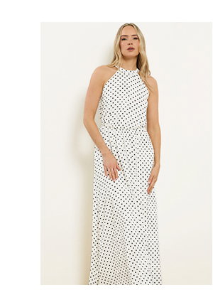LTS Tall White Satin Polka Dot Halter Neck Dress