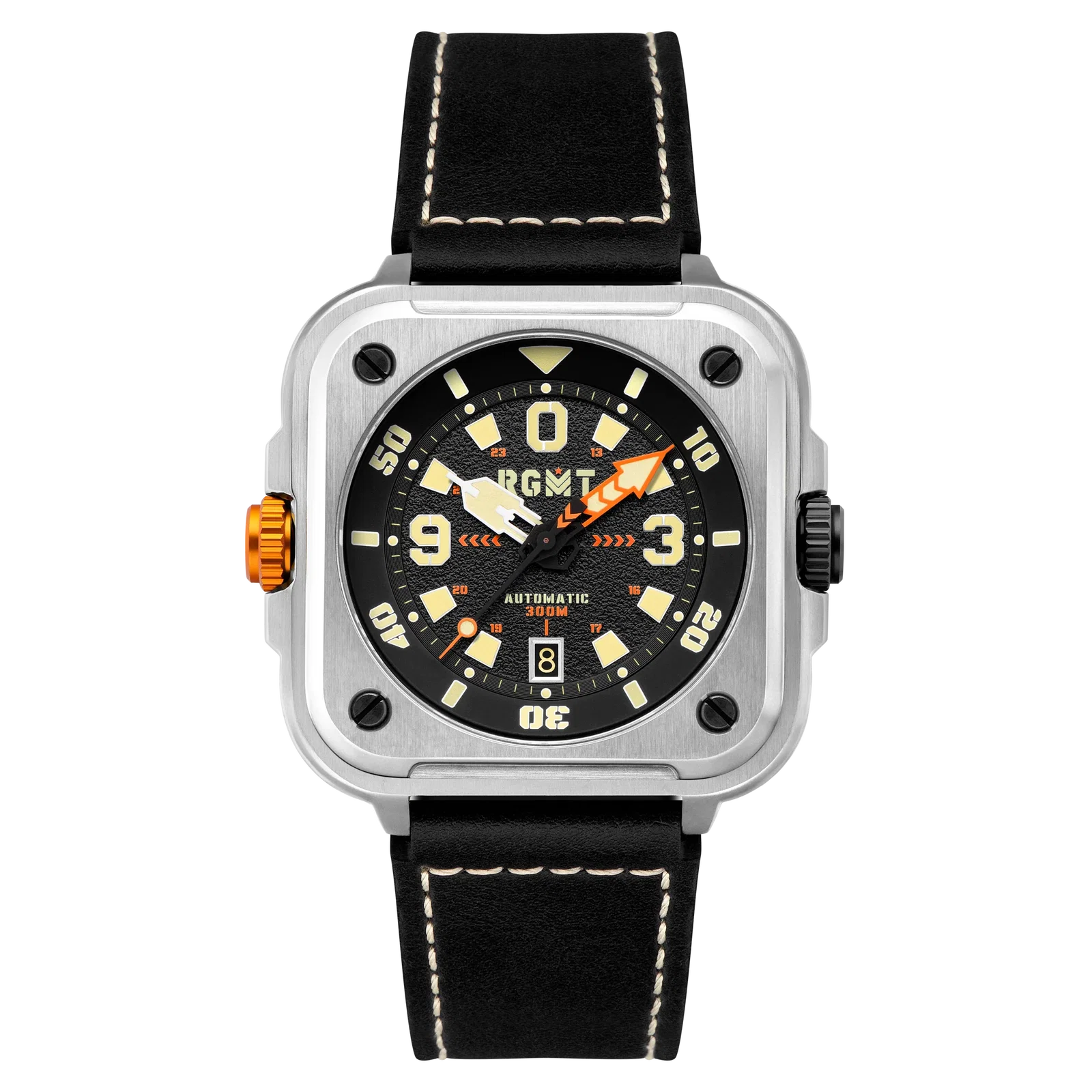 Image of RGMT Men's 50mm Pershing Automatic Date Square Case Leather Strap Watch