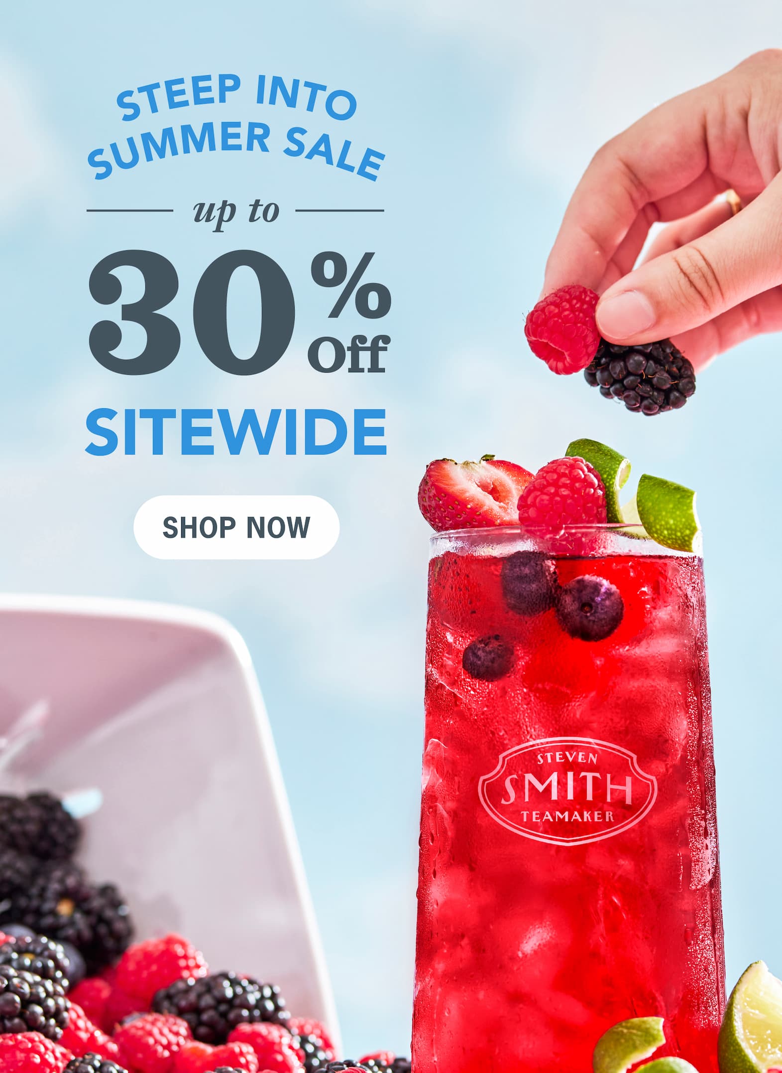 Headline: Steep into Summer Sale   Subhead: Up to 30% off SITEWIDE   CTA: Shop Now 