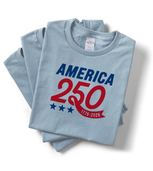 A blue t-shirt printed with an America250 design on the front.