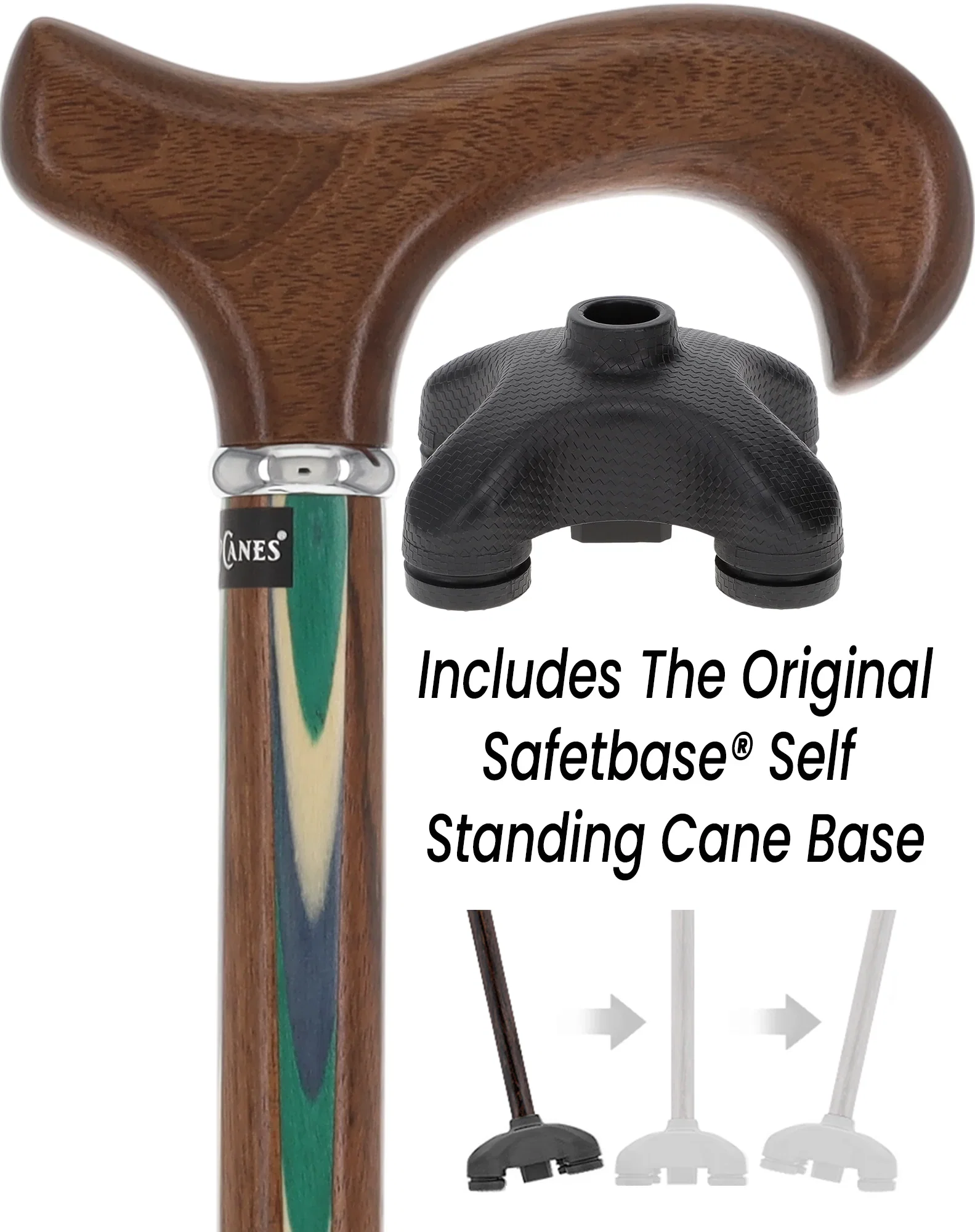 Image of Green & Blue Inlaid Derby Walking Cane With Ovangkol Shaft and Silver Collar w/ SafeTbase