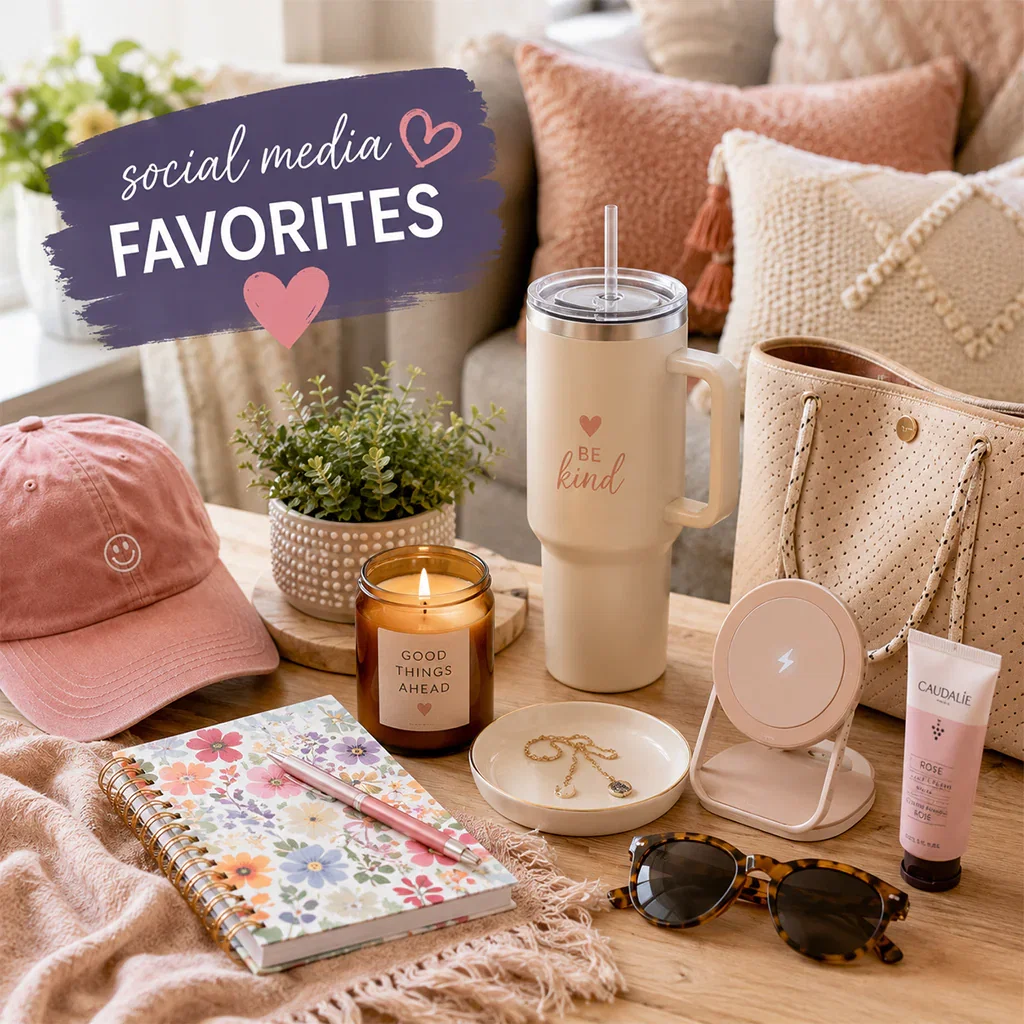 Flatlay of lifestyle items including a pink cap, floral notebook, 