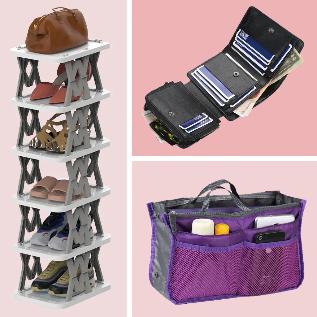 Trending storage solutions: shoe tower, wallet organizer, and purple bag insert for organized essentials.