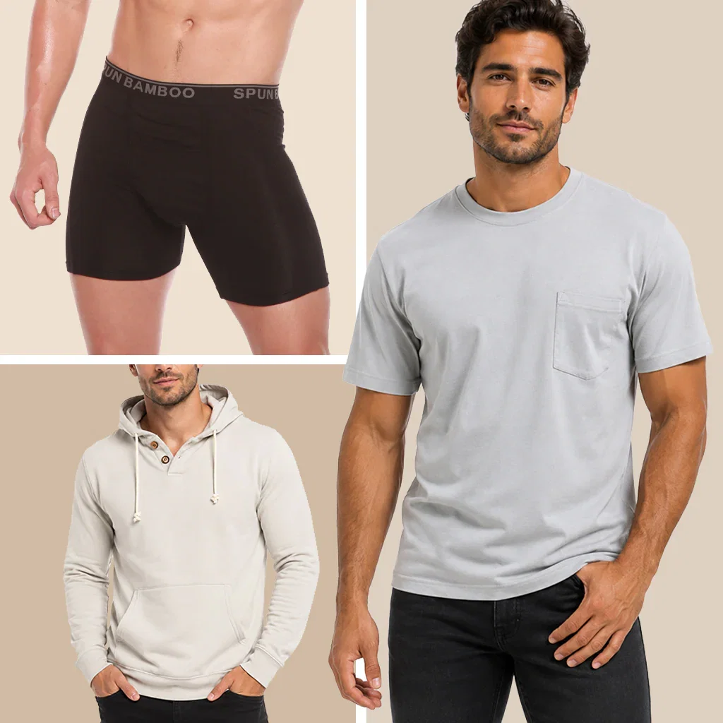 Spun Bamboo men's essentials collection featuring black boxer shorts, cream hoodie, and gray pocket t-shirt.