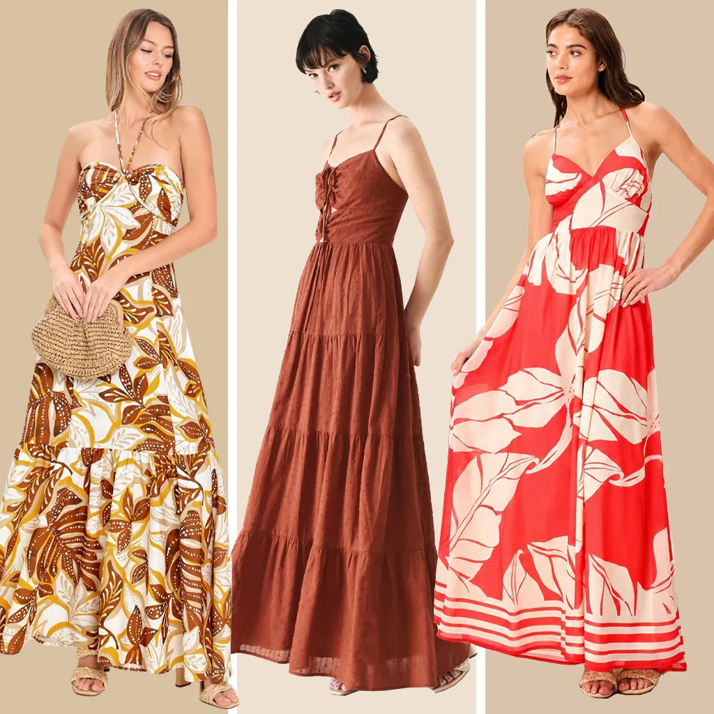 Three women modeling maxi dresses from the Flying Tomato collection in botanical prints and solid colors against a beige background.