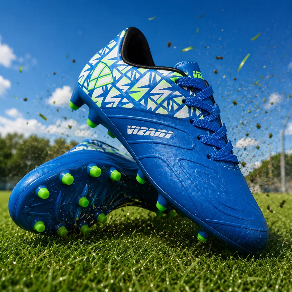 Blue Vizari soccer cleat with neon green studs on grass field, geometric design on upper.